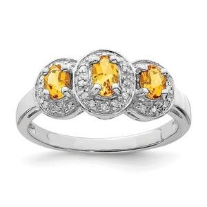 925 Sterling Silver Rhodium Citrine (November Birthstone) & Diamond Ring Size 7